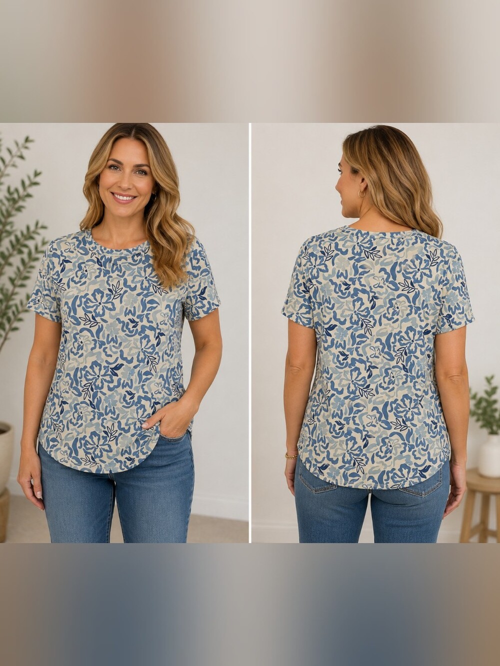 XIEERDUO Women's Medium Floral Print Top Blue White Short Sleeve Stretch